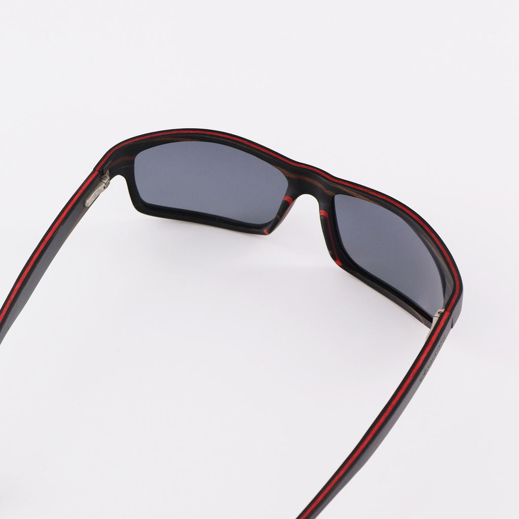 wooden sunglasses rectangle style ebony wood smoke lenses inside view eKodoKi RIDER