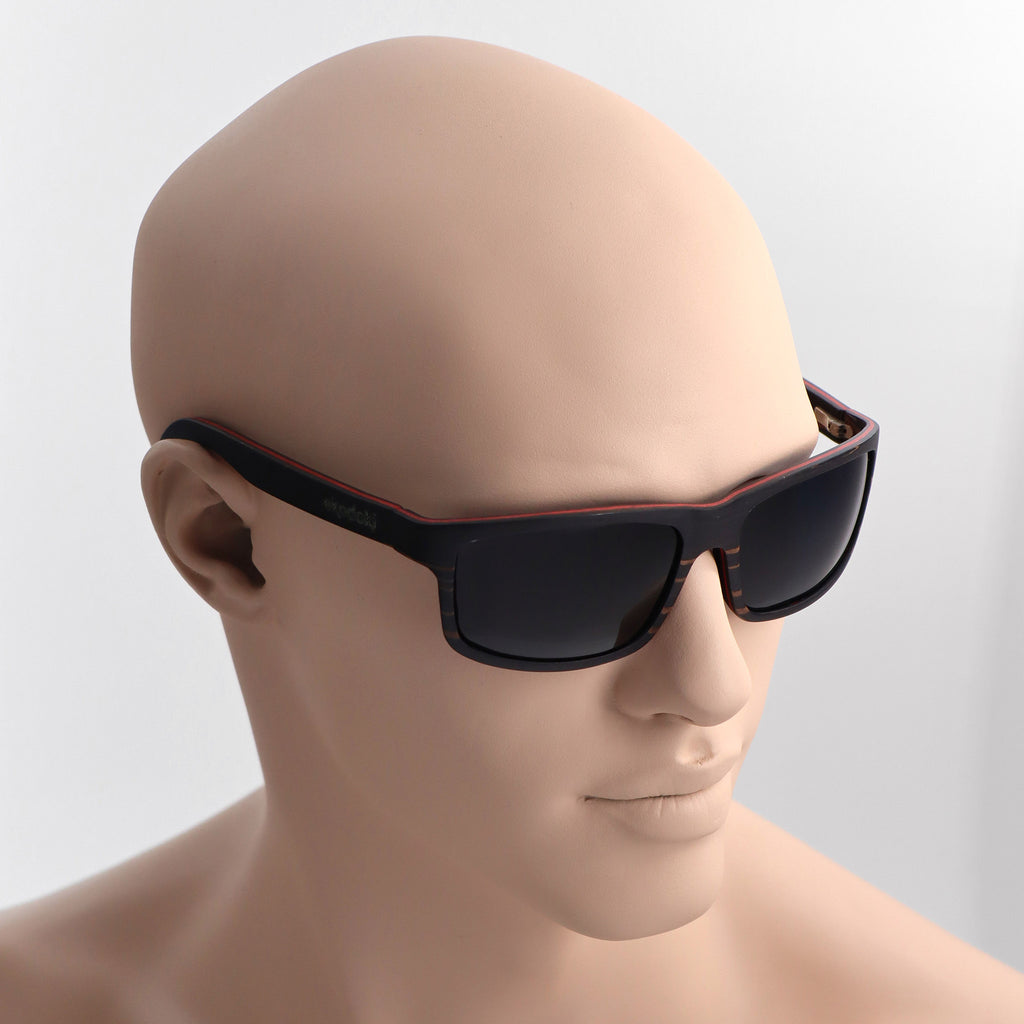 wooden sunglasses rectangle style ebony wood smoke lenses on tan male mannequin head eKodoKi RIDER