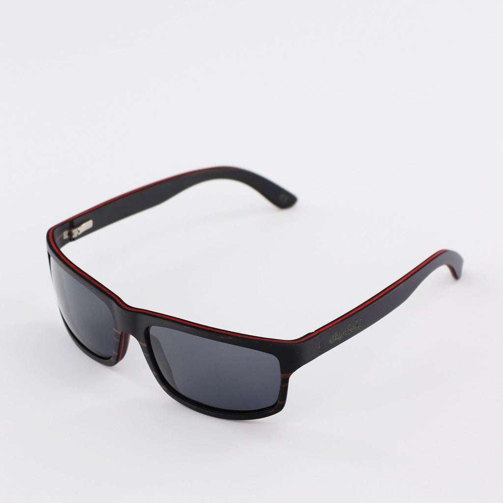 wooden sunglasses rectangle style ebony wood smoke lenses side view eKodoKi RIDER