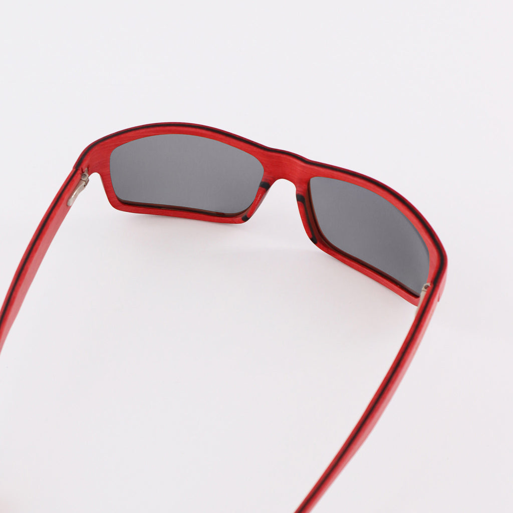 wooden sunglasses rectangle style red maple wood silver mirror lenses inside view eKodoKi RIDER
