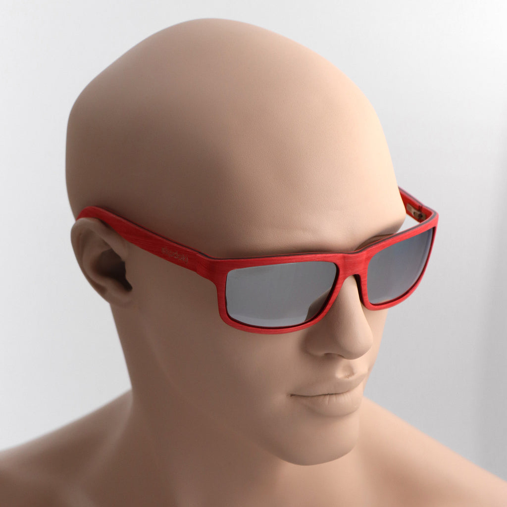 wooden sunglasses rectangle style red maple wood silver mirror lenses on tan male mannequin head eKodoKi RIDER
