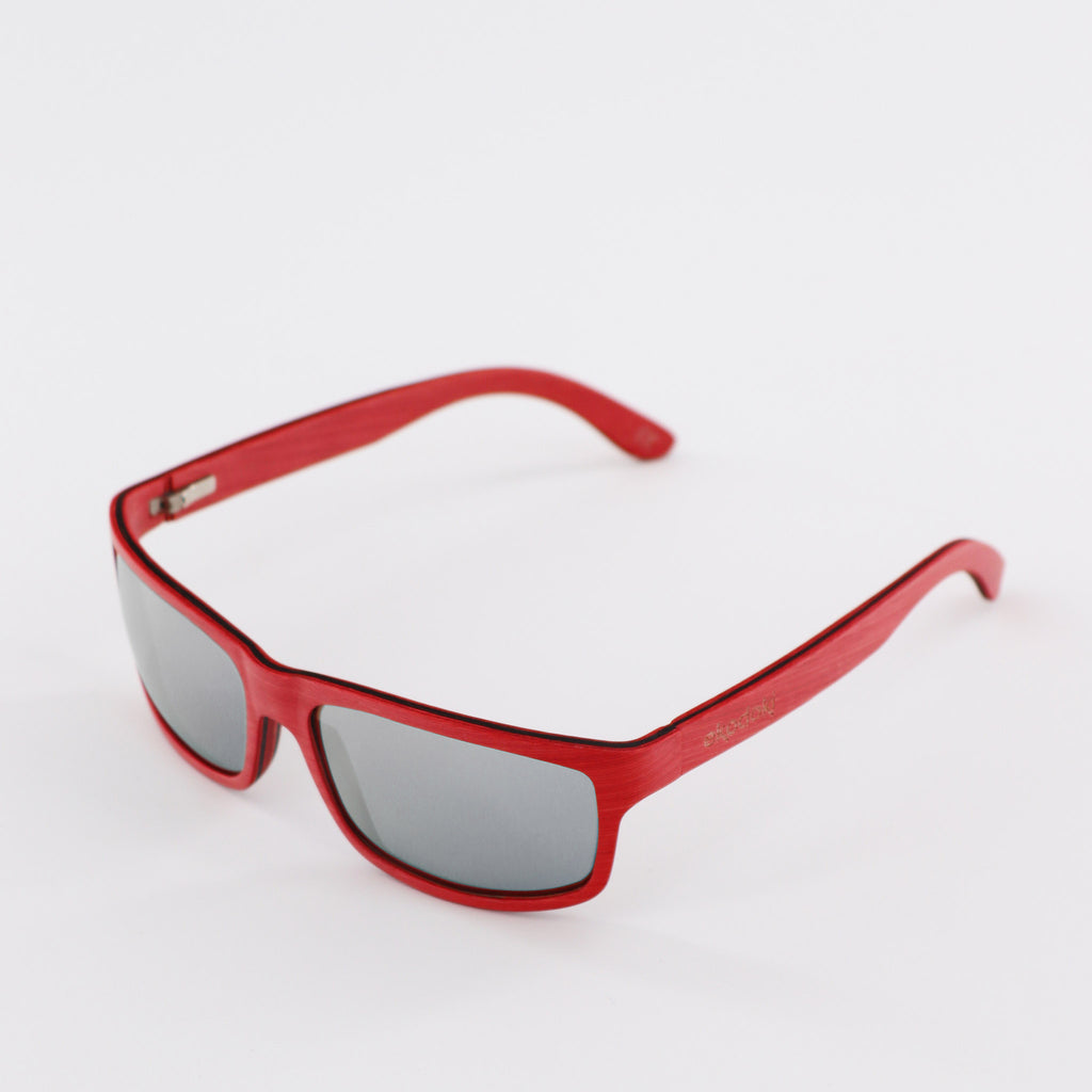 wooden sunglasses rectangle style red maple wood silver mirror lenses side view eKodoKi RIDER