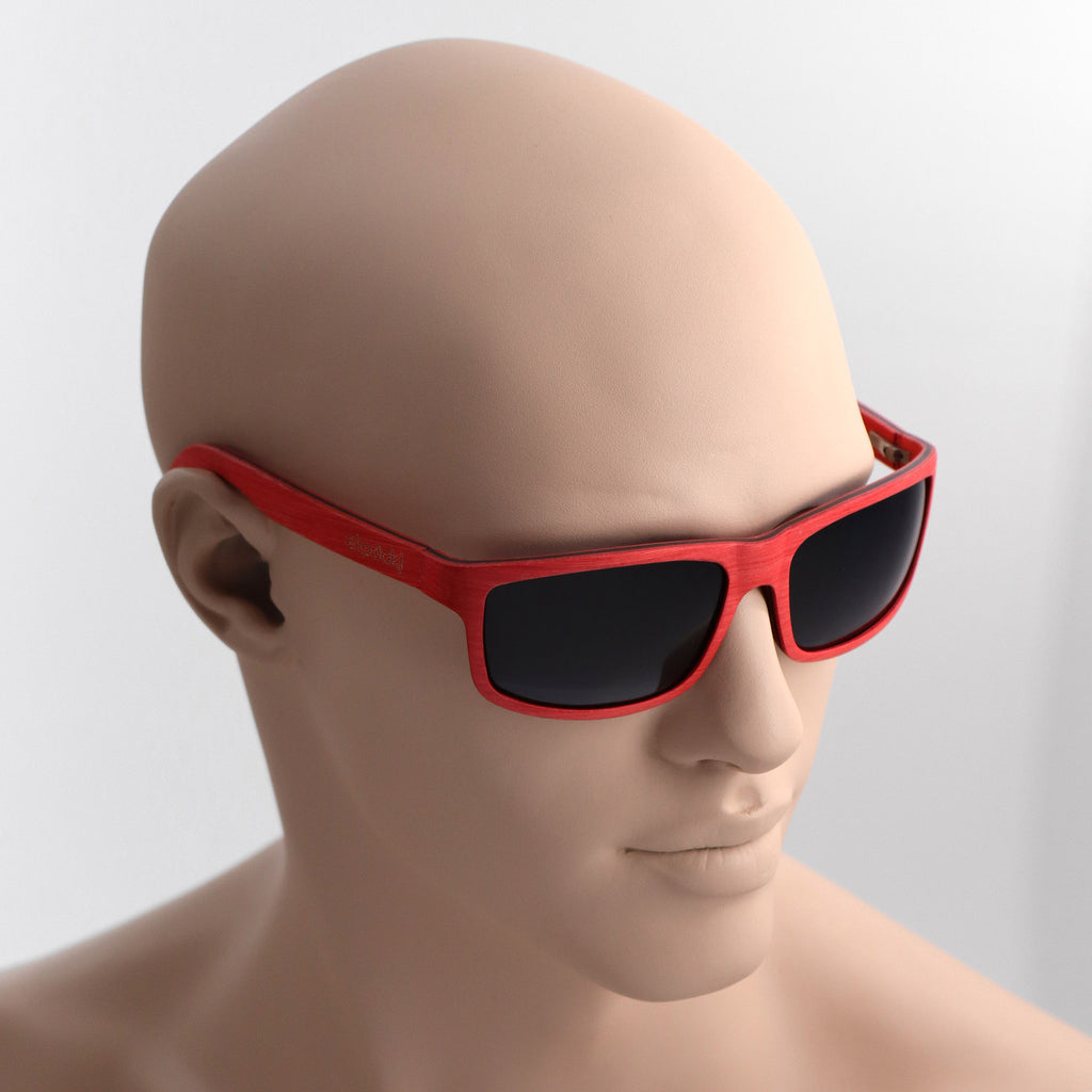 wooden sunglasses rectangle style red maple wood smoke lenses on tan male mannequin head eKodoKi RIDER