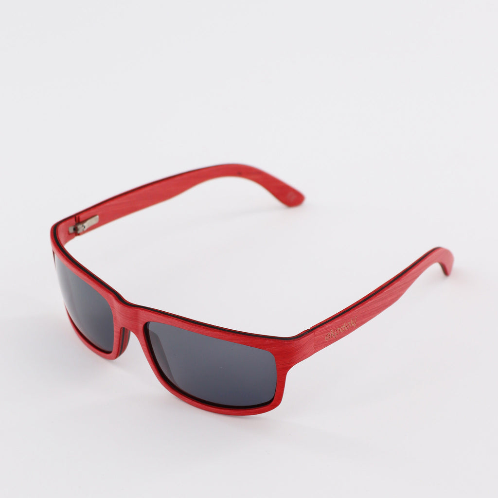 wooden sunglasses rectangle style red maple wood smoke lenses side view eKodoKi RIDER