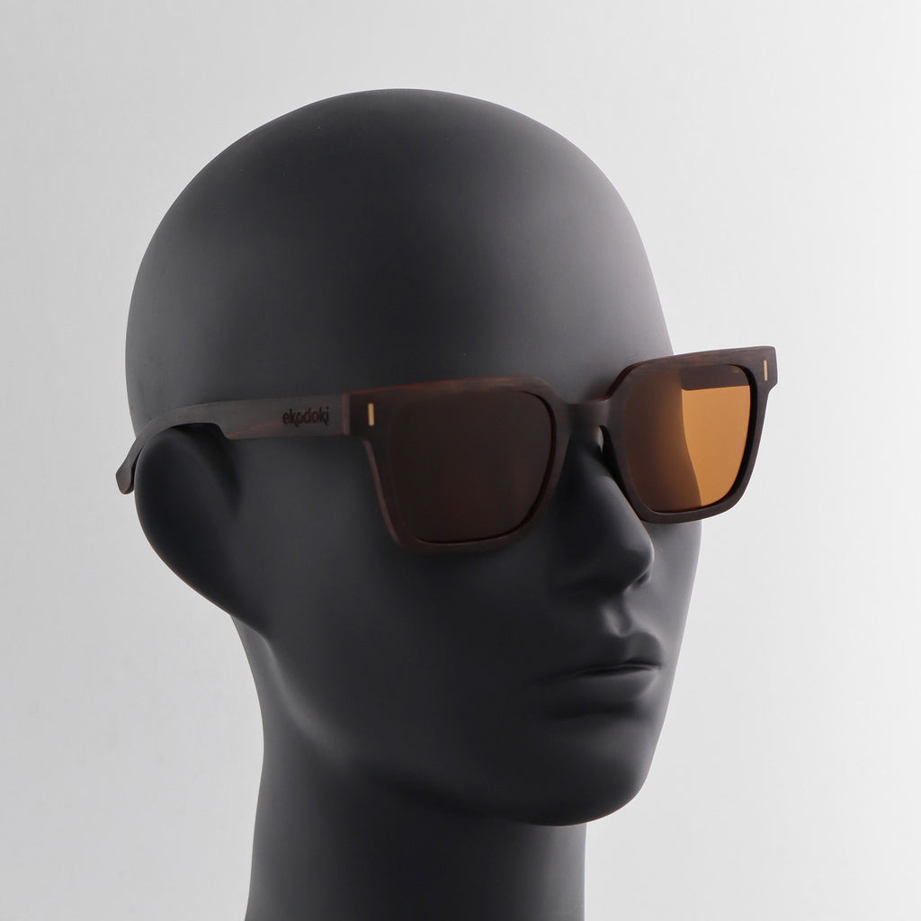 wooden sunglasses retro squared style ebony wood brown lenses on black female mannequin head eKodoKi EDGE