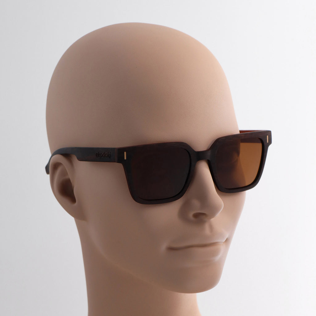 wooden sunglasses retro squared style ebony wood brown lenses on tan female mannequin head eKodoKi EDGE