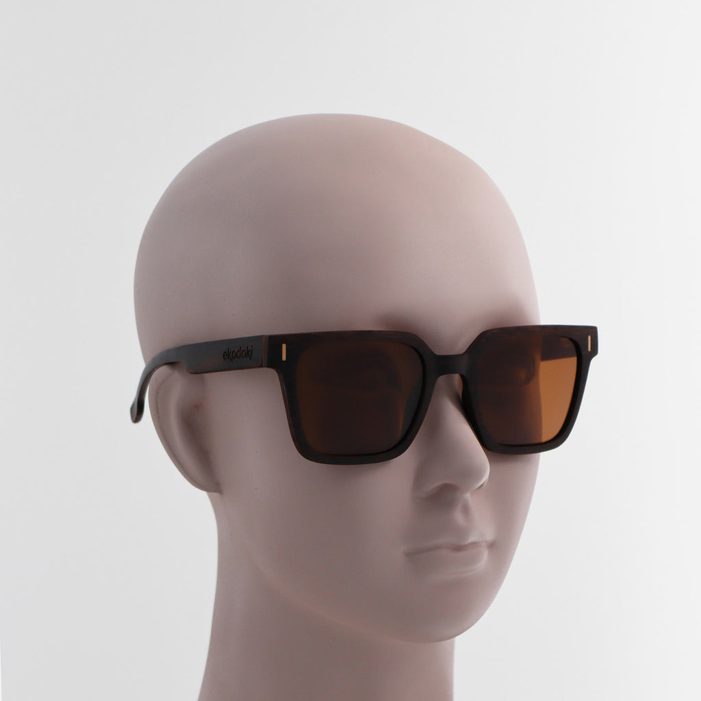 wooden sunglasses retro squared style ebony wood brown lenses on white female mannequin head eKodoKi EDGE