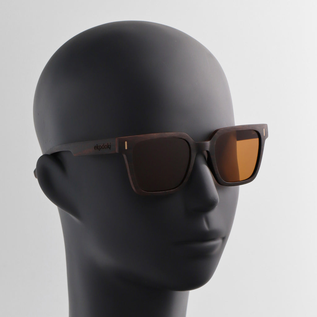wooden sunglasses retro squared style ebony wood brown lenses on black male mannequin head eKodoKi EDGE