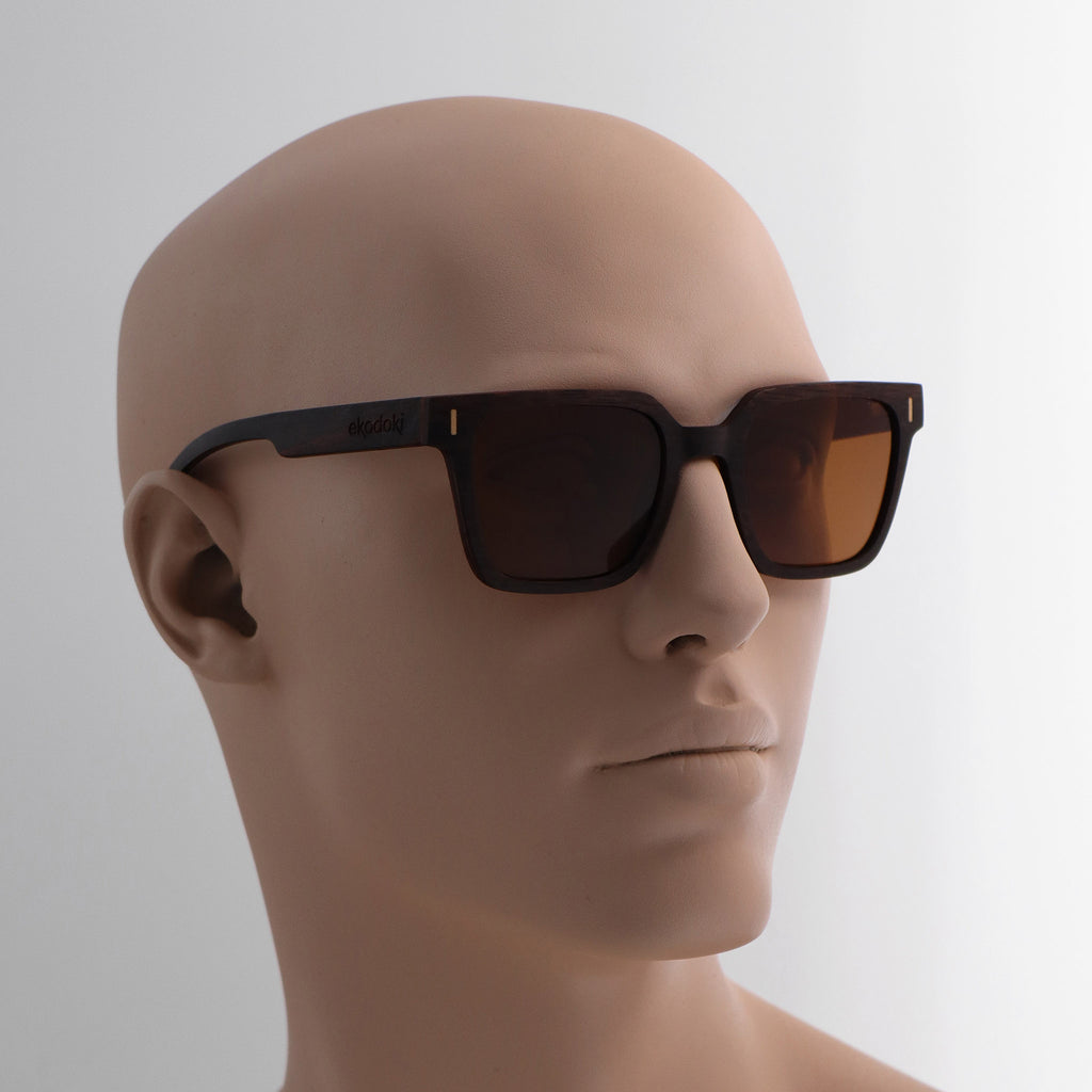 wooden sunglasses retro squared style ebony wood brown lenses on tan male mannequin head eKodoKi EDGE
