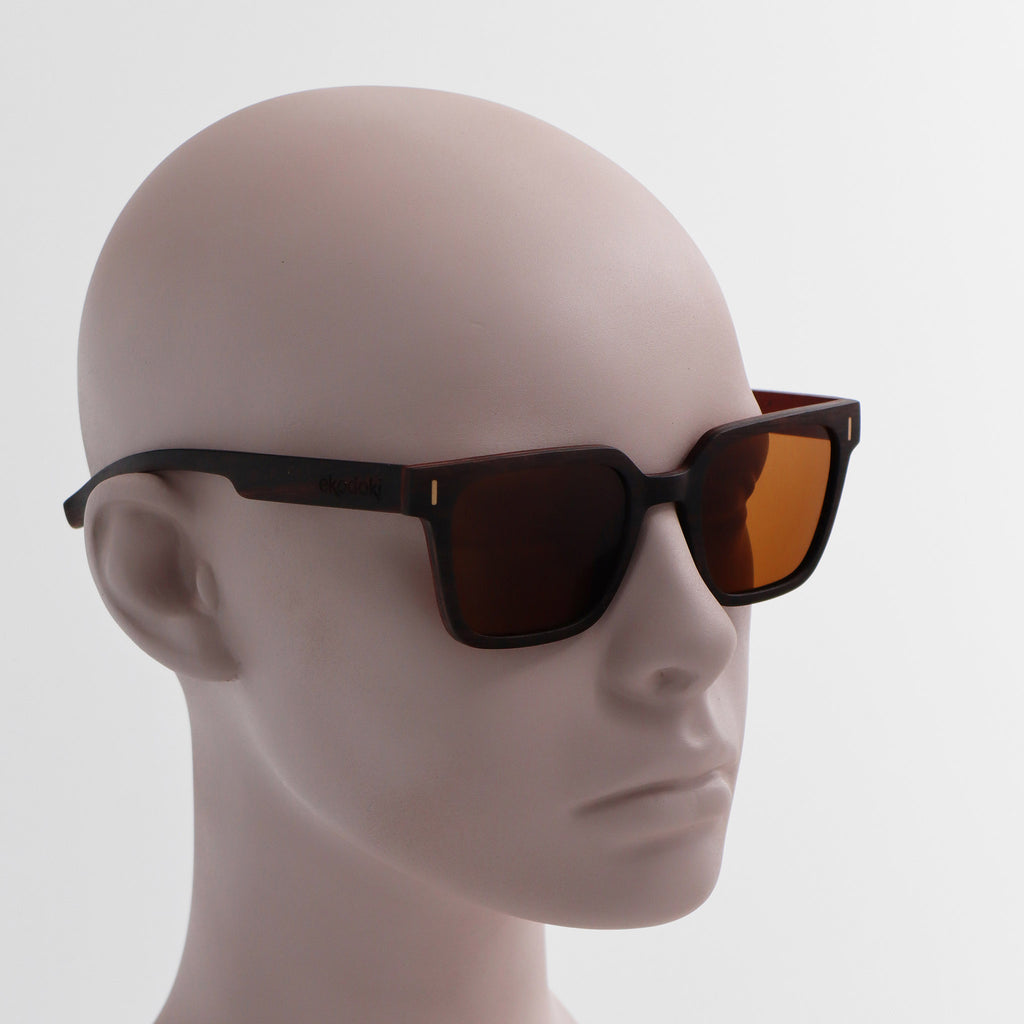 wooden sunglasses retro squared style ebony wood brown lenses on white male mannequin head eKodoKi EDGE