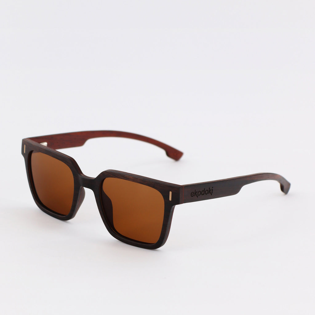 wooden sunglasses retro squared style ebony wood brown lenses side view eKodoKi EDGE