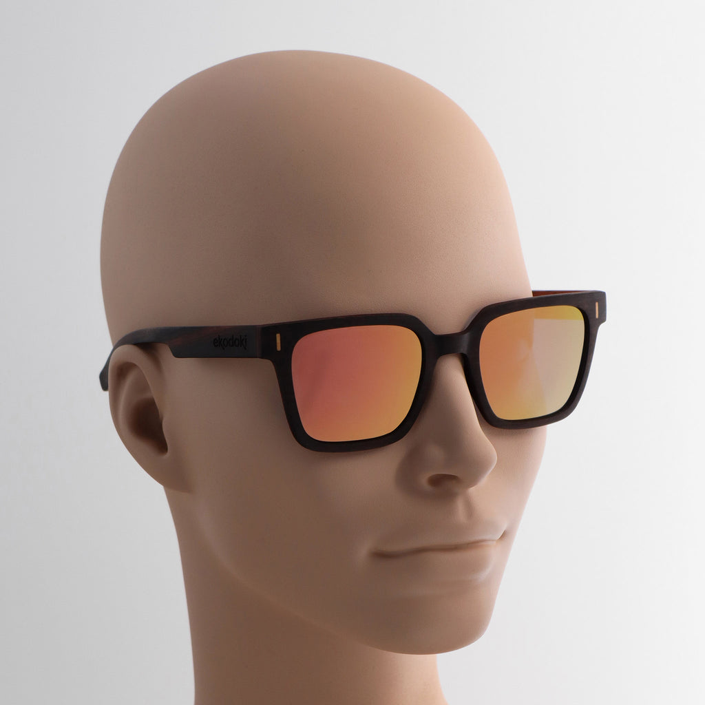 wooden sunglasses retro squared style ebony wood rose gold mirror lenses on tan female mannequin head eKodoKi EDGE