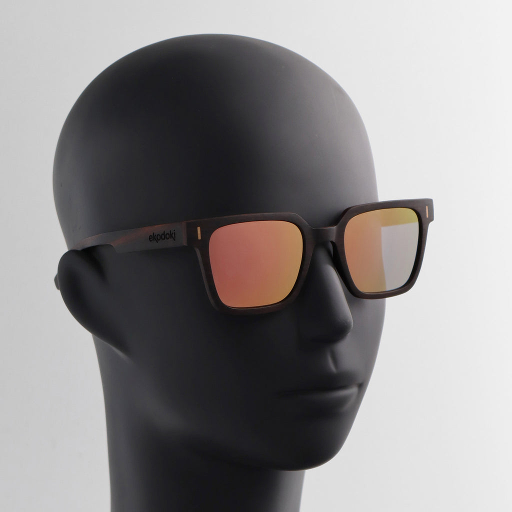 wooden sunglasses retro squared style ebony wood rose gold mirror lenses on black male mannequin head eKodoKi EDGE
