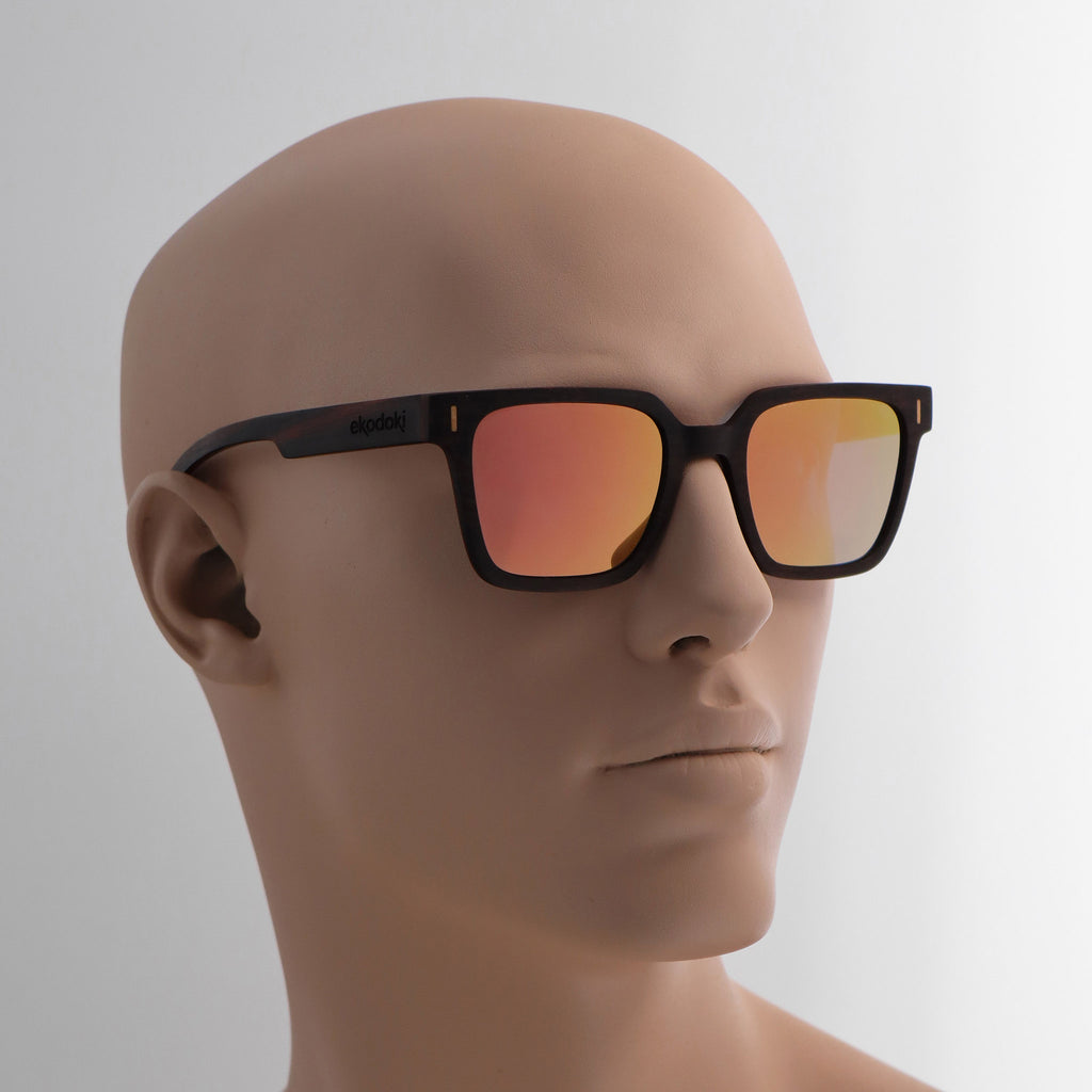 wooden sunglasses retro squared style ebony wood rose gold mirror lenses on tan male mannequin head eKodoKi EDGE