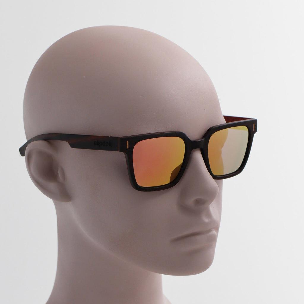 wooden sunglasses retro squared style ebony wood rose gold mirror lenses on white male mannequin head eKodoKi EDGE
