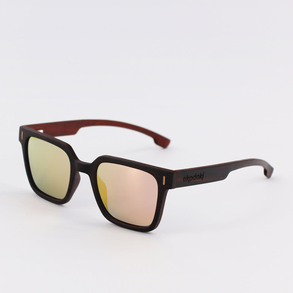 wooden sunglasses retro squared style ebony wood rose gold mirror lenses side view eKodoKi EDGE