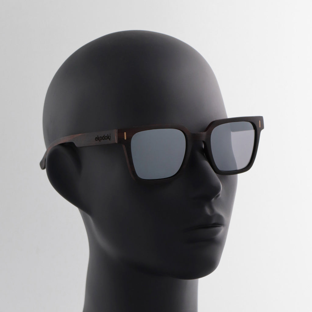 wooden sunglasses retro squared style ebony wood silver mirror lenses on black female mannequin head eKodoKi EDGE