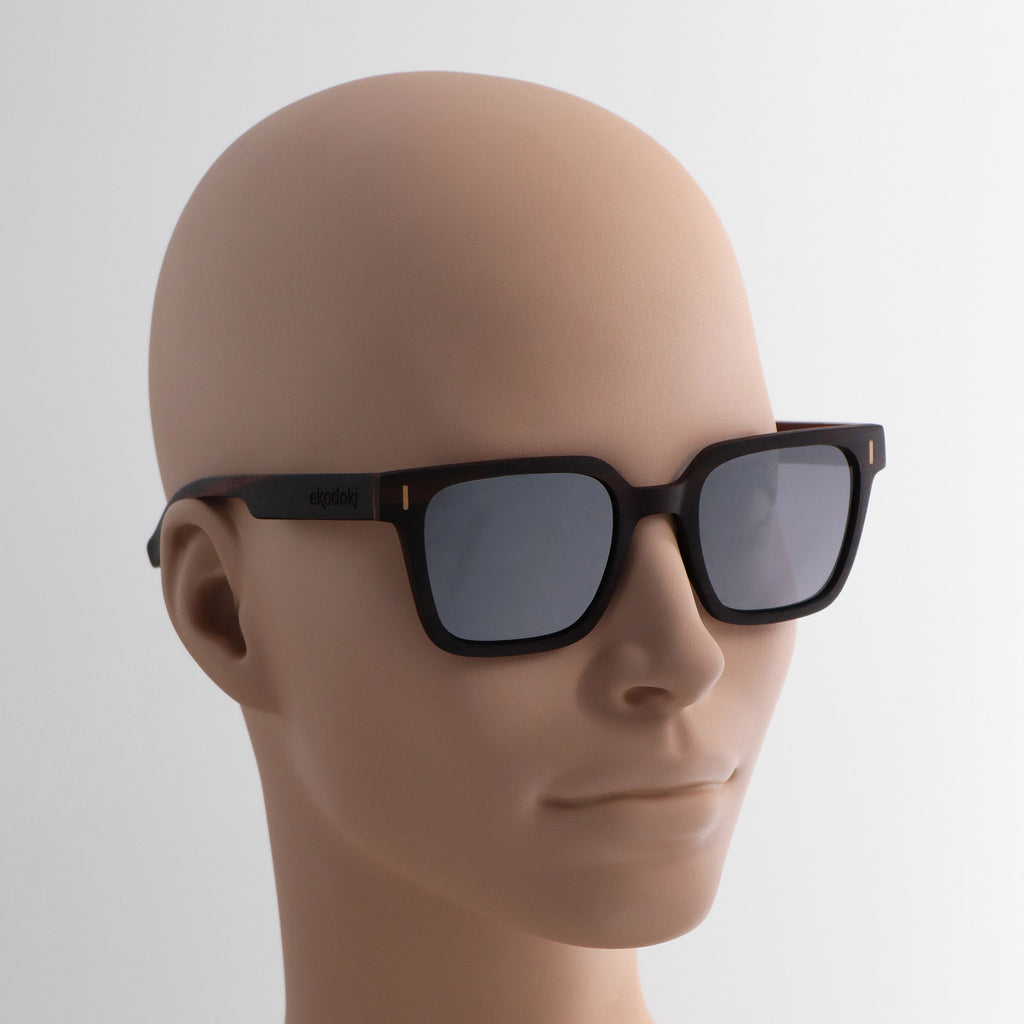 wooden sunglasses retro squared style ebony wood silver mirror lenses on tan female mannequin head eKodoKi EDGE
