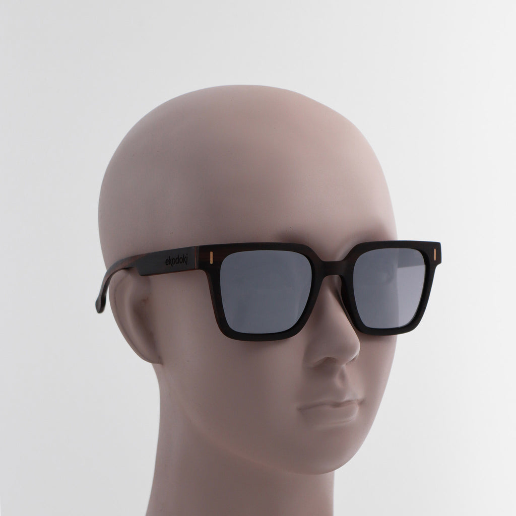 wooden sunglasses retro squared style ebony wood silver mirror lenses on white female mannequin head eKodoKi EDGE