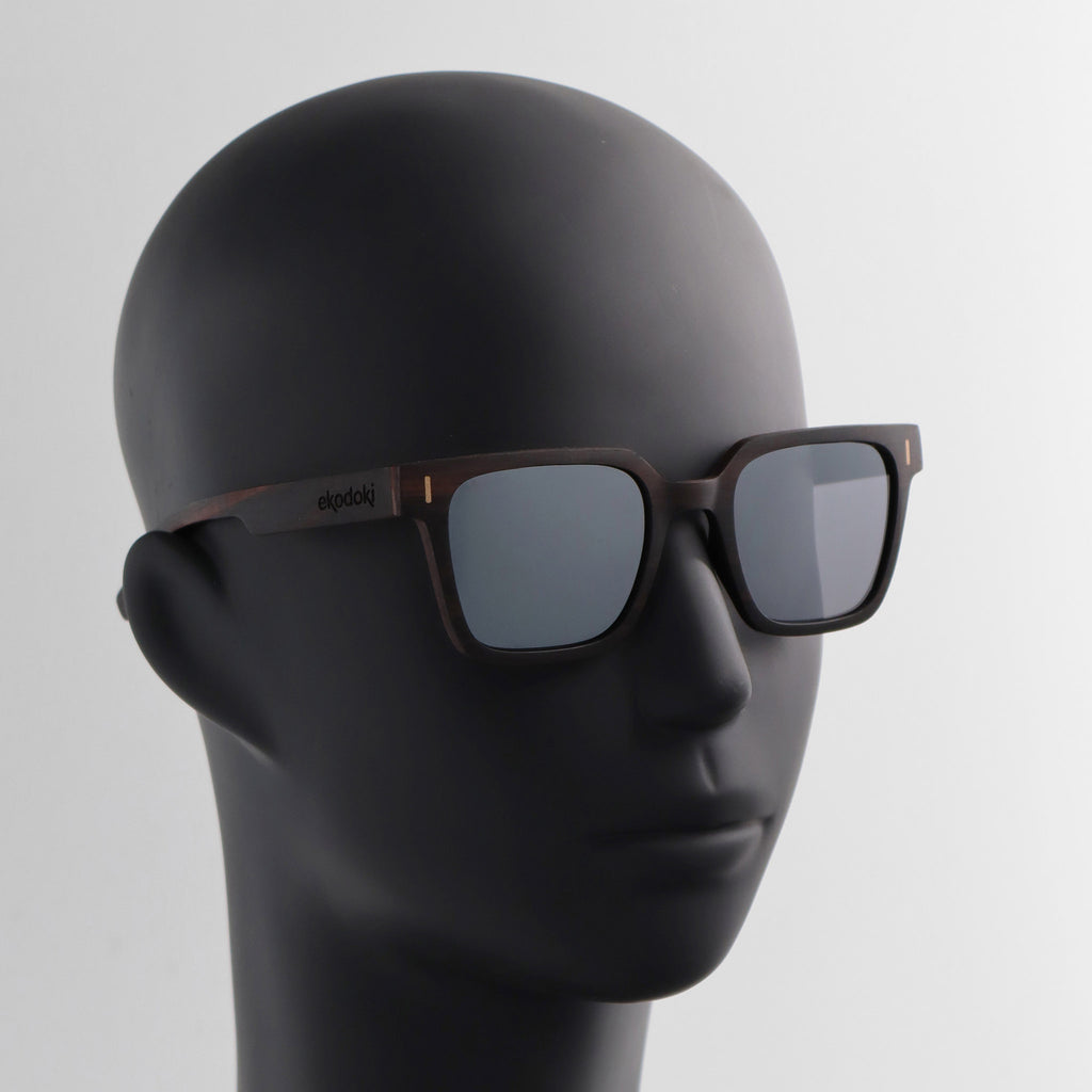 wooden sunglasses retro squared style ebony wood silver mirror lenses on black male mannequin head eKodoKi EDGE