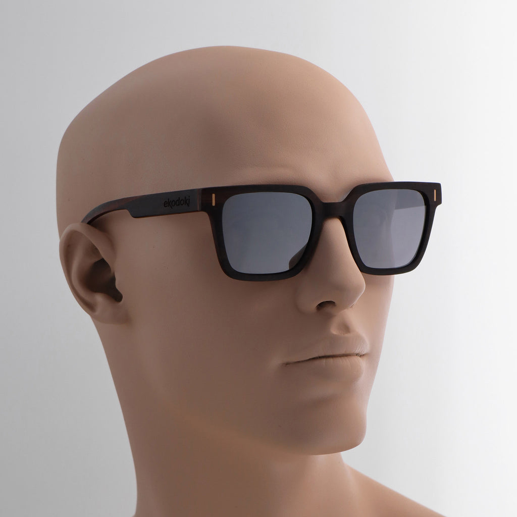 wooden sunglasses retro squared style ebony wood silver mirror lenses on tan male mannequin head eKodoKi EDGE