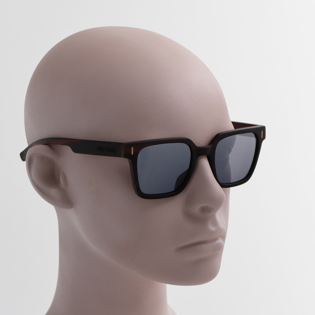 wooden sunglasses retro squared style ebony wood silver mirror lenses on white male mannequin head eKodoKi EDGE