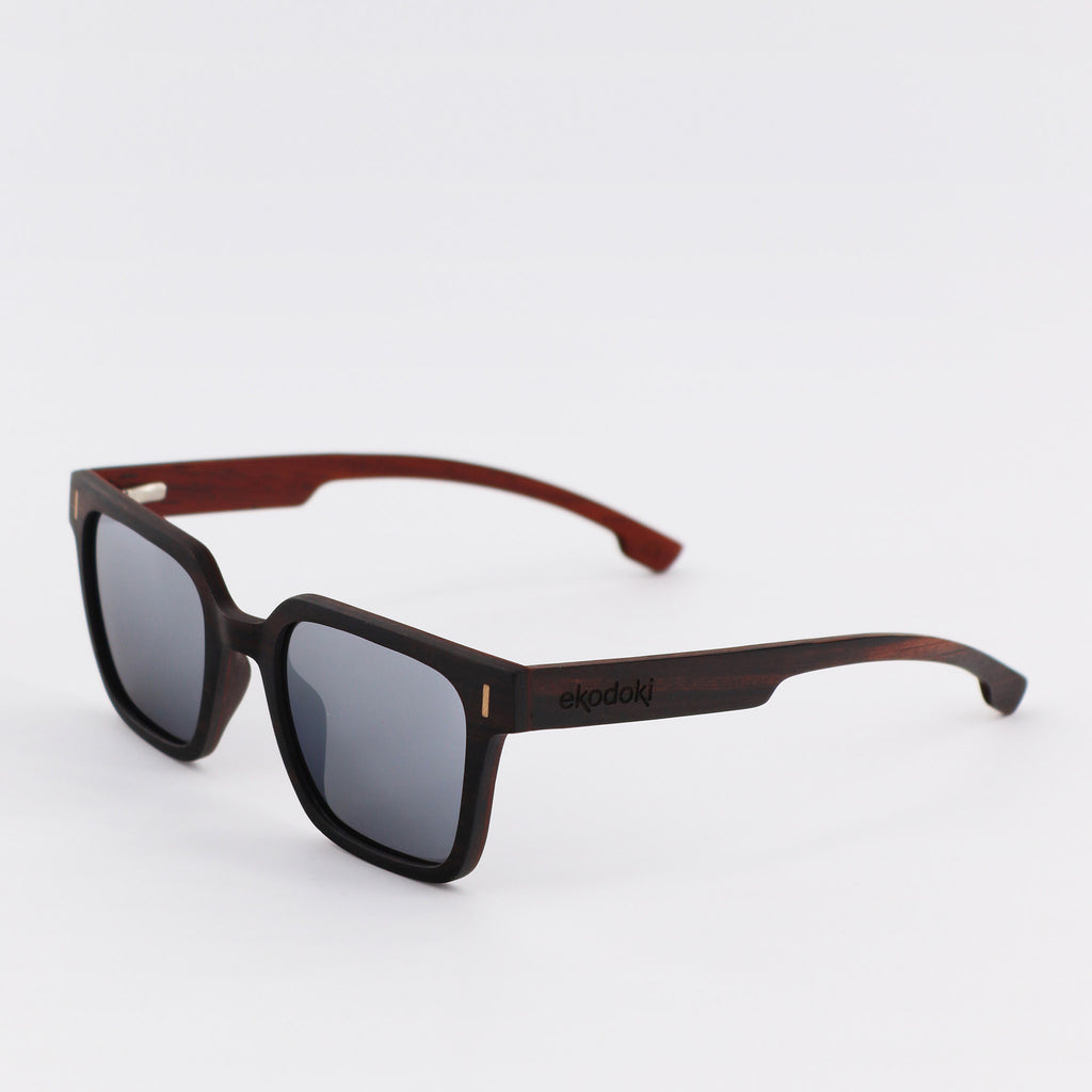 wooden sunglasses retro squared style ebony wood silver mirror lenses side view eKodoKi EDGE