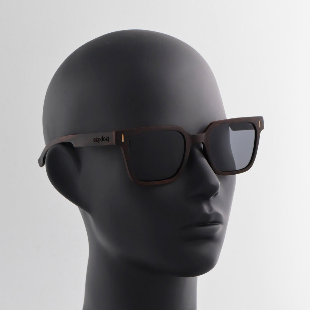 wooden sunglasses retro squared style ebony wood smoke lenses on black female mannequin head eKodoKi EDGE