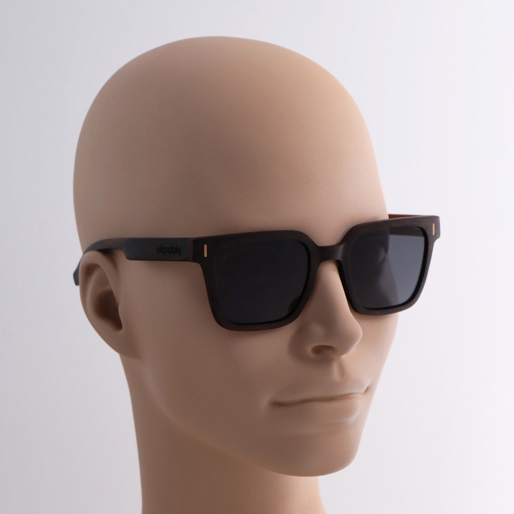 wooden sunglasses retro squared style ebony wood smoke lenses on tan female mannequin head eKodoKi EDGE