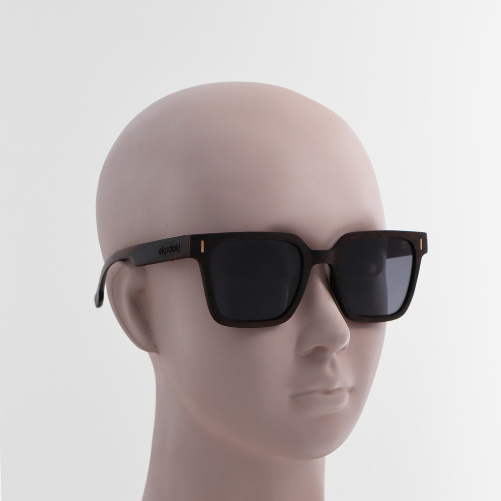 wooden sunglasses retro squared style ebony wood smoke lenses on white female mannequin head eKodoKi EDGE