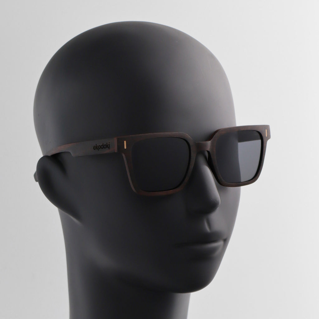 wooden sunglasses retro squared style ebony wood smoke lenses on black male mannequin head eKodoKi EDGE