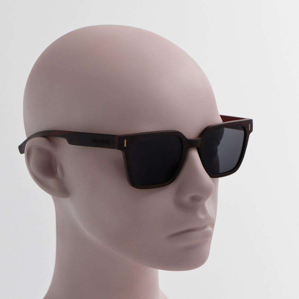 wooden sunglasses retro squared style ebony wood smoke lenses on white male mannequin head eKodoKi EDGE