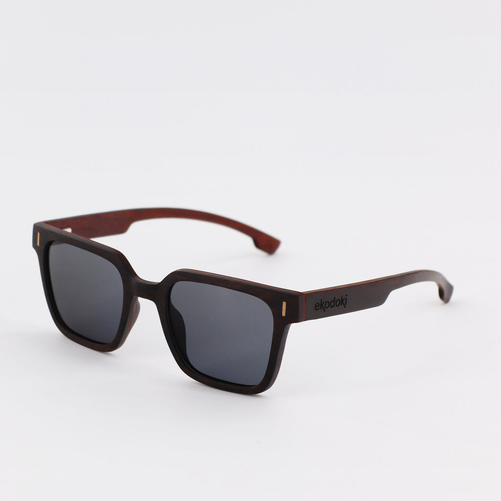 wooden sunglasses retro squared style ebony wood smoke lenses side view eKodoKi EDGE