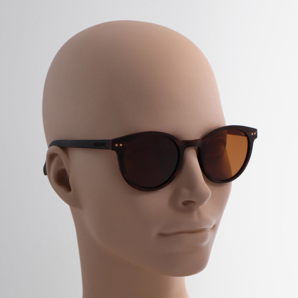 wooden sunglasses round pantos style ebony wood brown lenses on tan female mannequin head eKodoKi SUNDAY