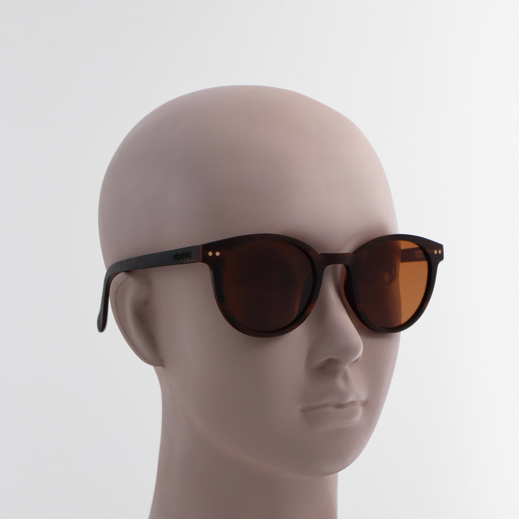 wooden sunglasses round pantos style ebony wood brown lenses on white female mannequin head eKodoKi SUNDAY