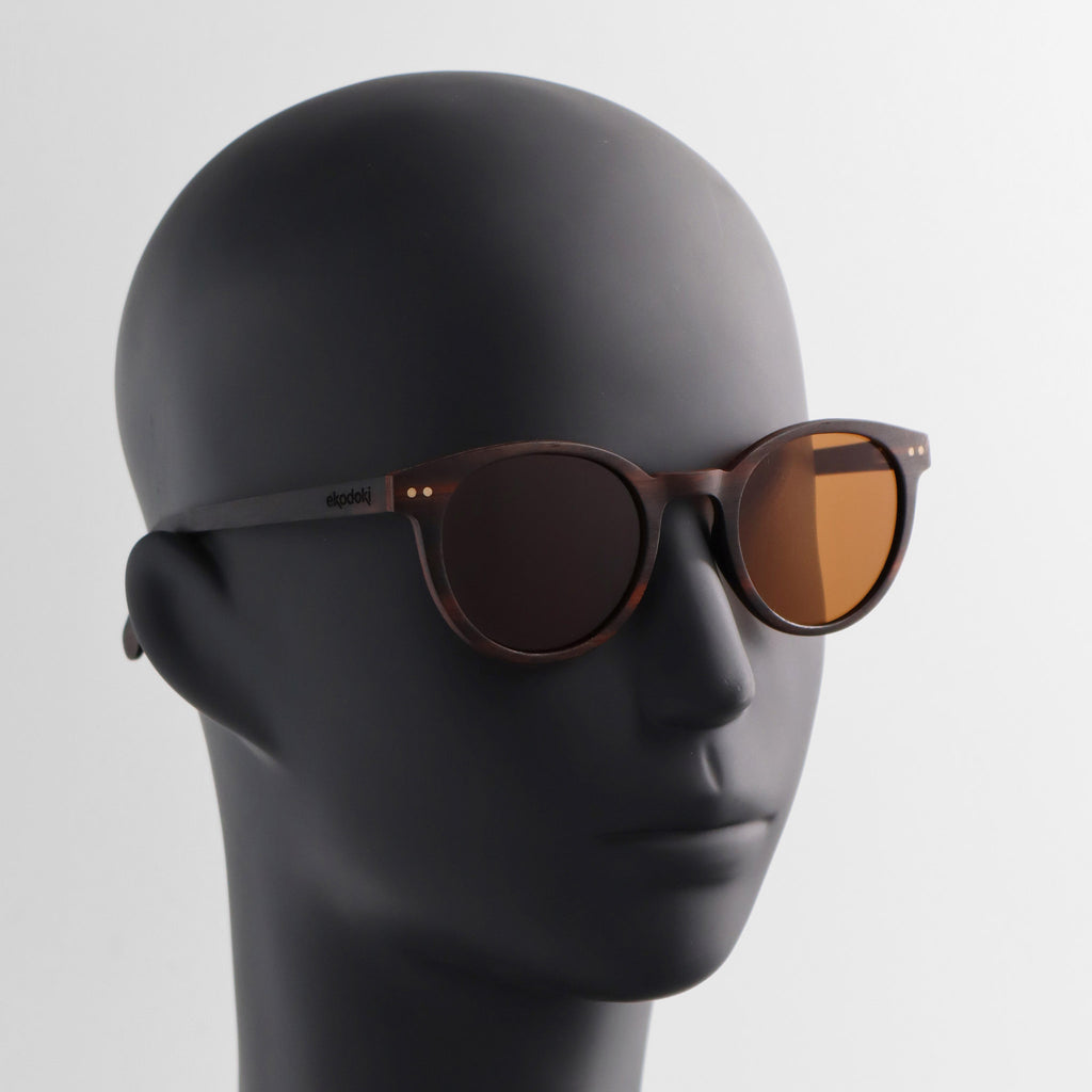 wooden sunglasses round pantos style ebony wood brown lenses on black male mannequin head eKodoKi SUNDAY
