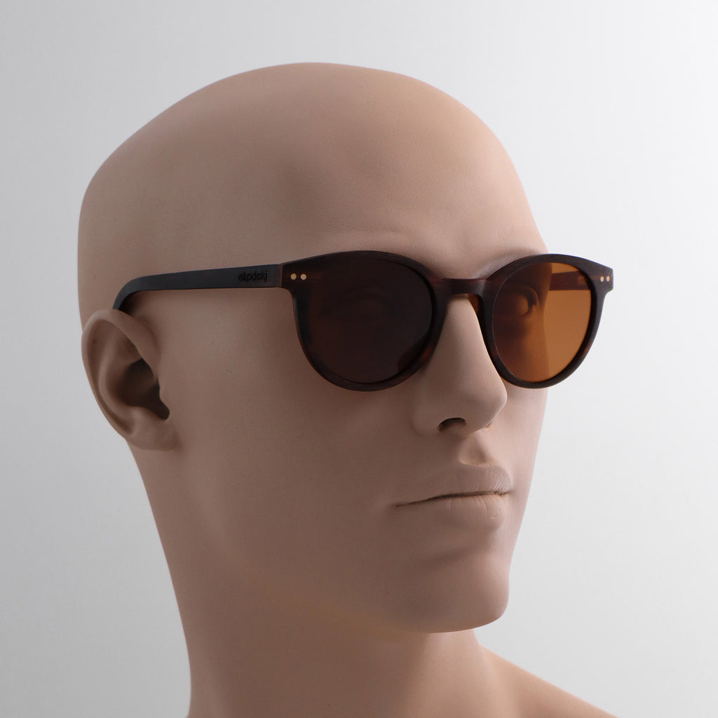 wooden sunglasses round pantos style ebony wood brown lenses on tan male mannequin head eKodoKi SUNDAY