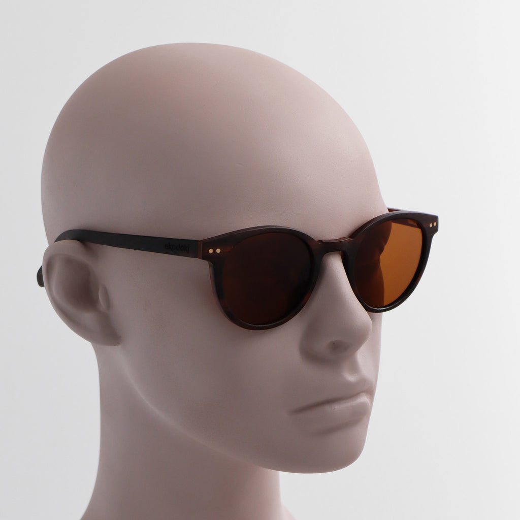 wooden sunglasses round pantos style ebony wood brown lenses on white male mannequin head eKodoKi SUNDAY
