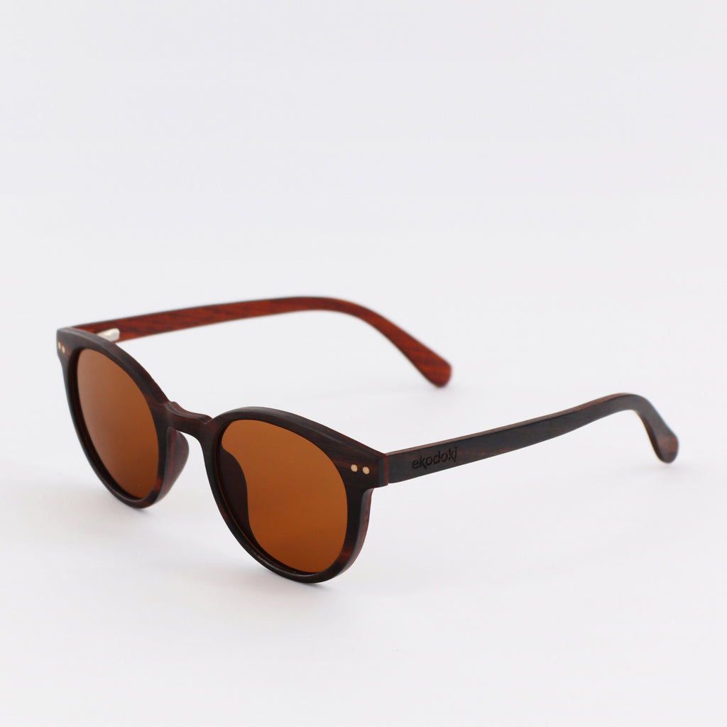wooden sunglasses round pantos style ebony wood brown lenses side view eKodoKi SUNDAY