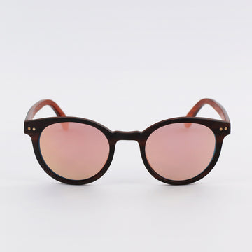 wooden sunglasses round pantos style ebony wood rose gold mirror lenses front view eKodoKi SUNDAY