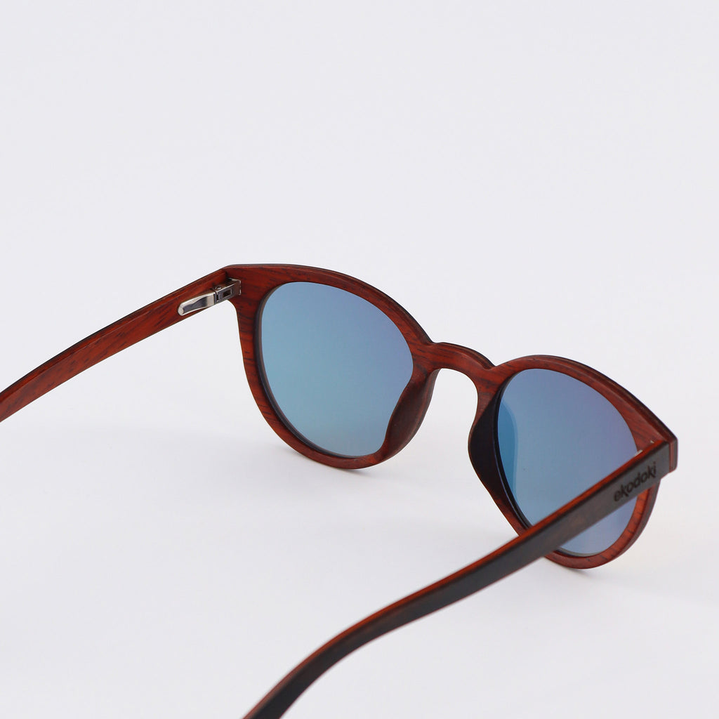 wooden sunglasses round pantos style ebony wood rose gold mirror lenses inside view eKodoKi SUNDAY