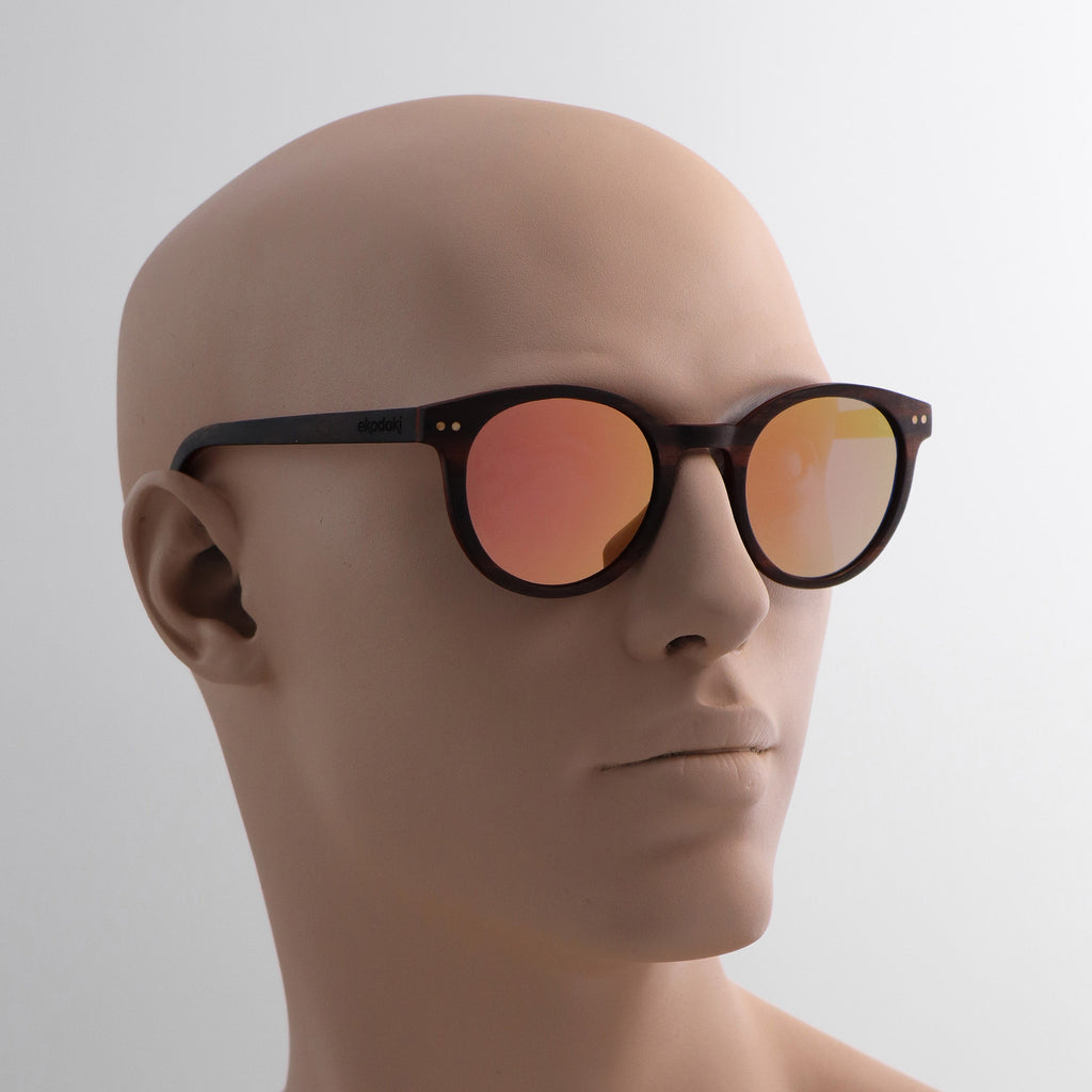 wooden sunglasses round pantos style ebony wood rose gold mirror lenses on tan male mannequin head eKodoKi SUNDAY