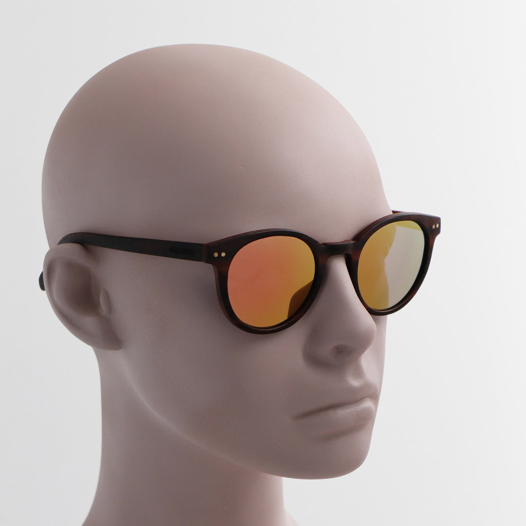 wooden sunglasses round pantos style ebony wood rose gold mirror lenses on white male mannequin head eKodoKi SUNDAY