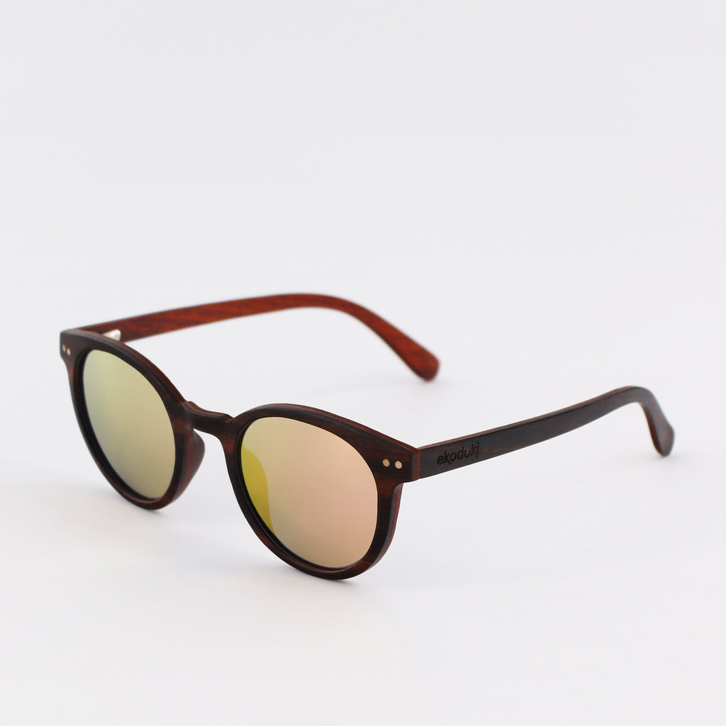 wooden sunglasses round pantos style ebony wood rose gold mirror lenses side view eKodoKi SUNDAY