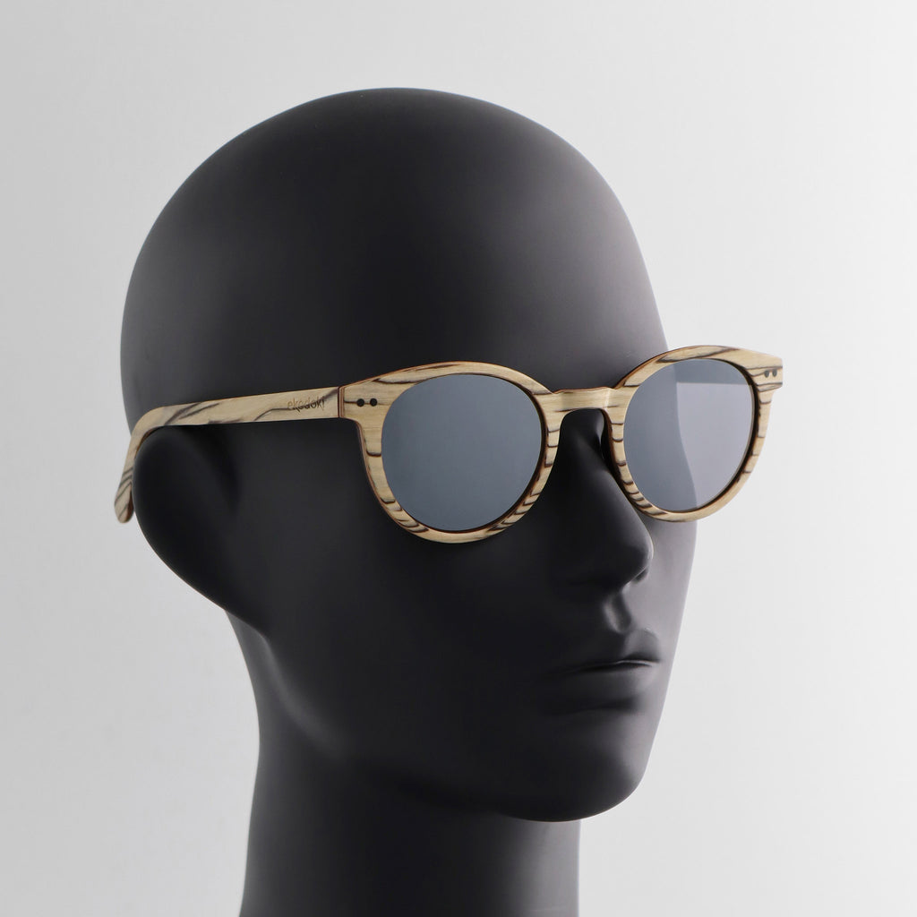 wooden sunglasses round pantos style whitewood wood silver mirror lenses on black female mannequin head eKodoKi SUNDAY