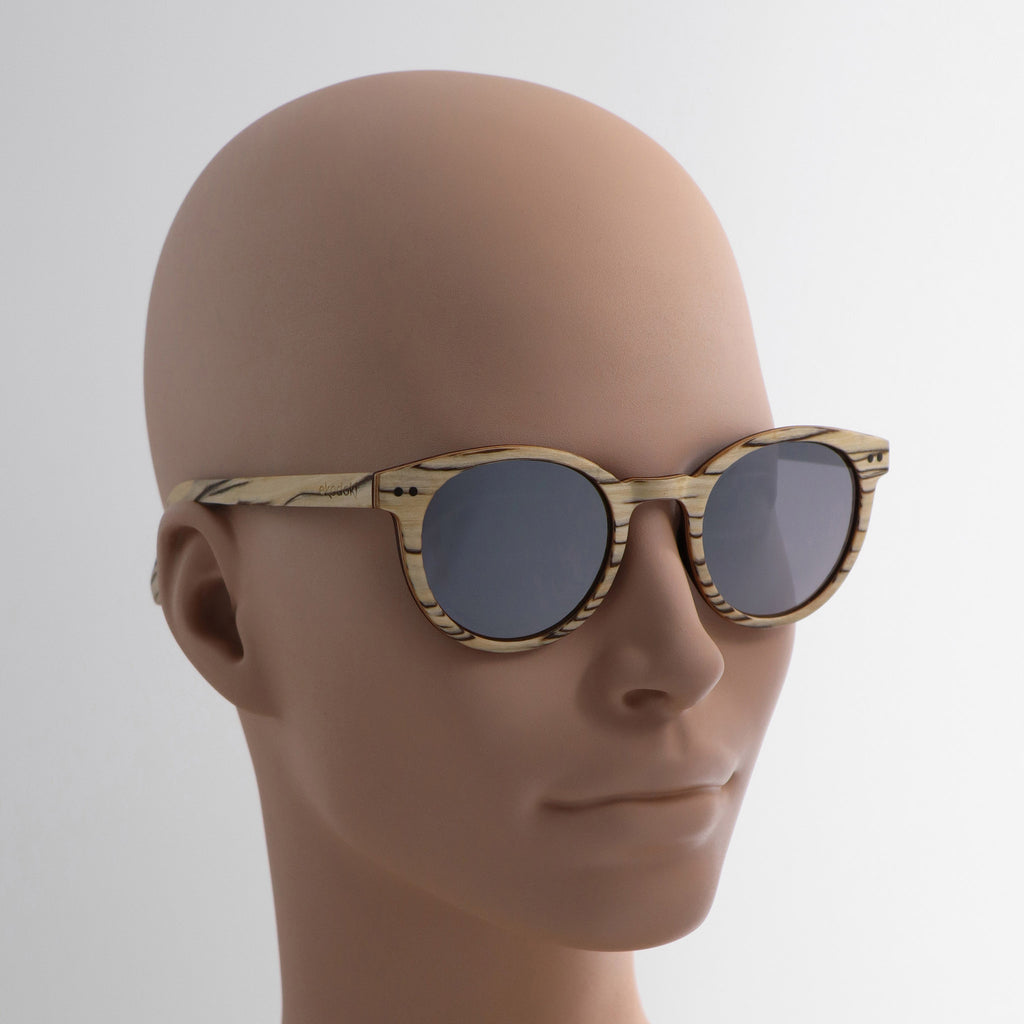 wooden sunglasses round pantos style whitewood wood silver mirror lenses on tan female mannequin head eKodoKi SUNDAY