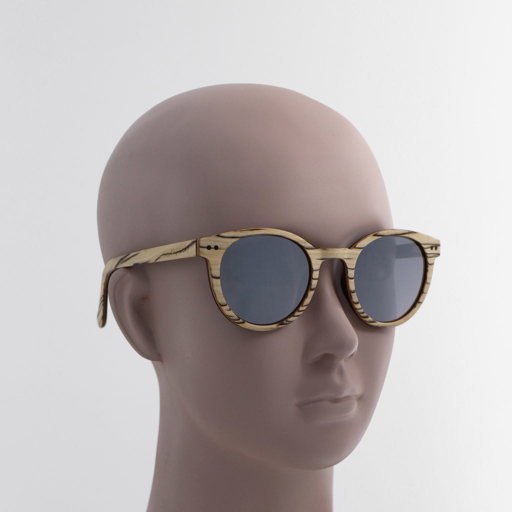 wooden sunglasses round pantos style whitewood wood silver mirror lenses on white female mannequin head eKodoKi SUNDAY