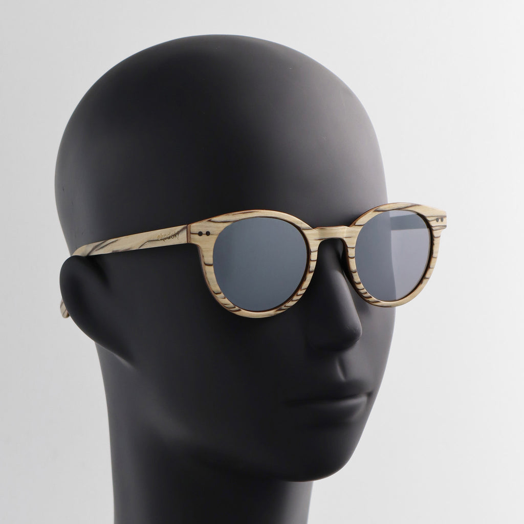wooden sunglasses round pantos style whitewood wood silver mirror lenses on black male mannequin head eKodoKi SUNDAY