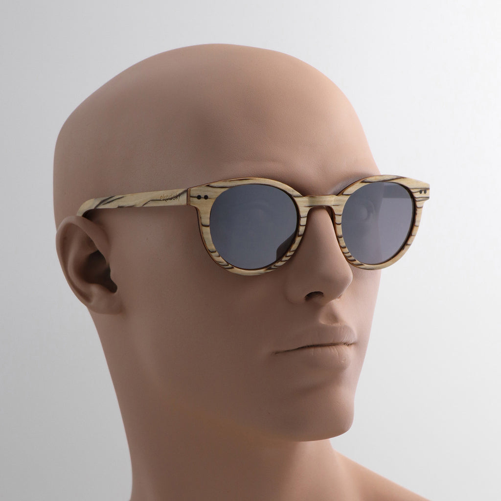 wooden sunglasses round pantos style whitewood wood silver mirror lenses on tan male mannequin head eKodoKi SUNDAY