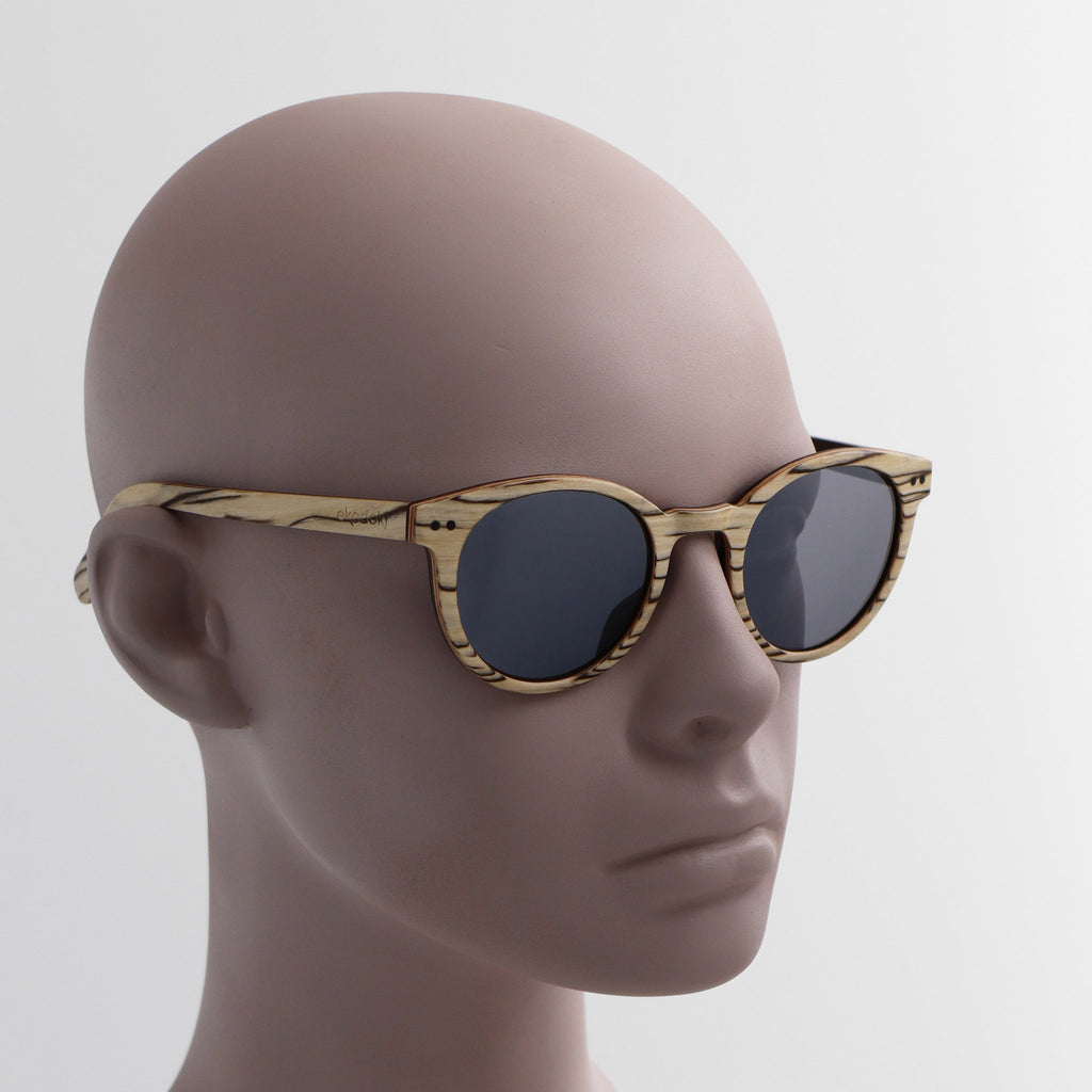 wooden sunglasses round pantos style whitewood wood silver mirror lenses on white male mannequin head eKodoKi SUNDAY